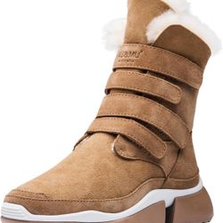AUMU Classic Retro Hook and Loop Suede Sheepskin Elevator Hiden Heel Winter Snow Boots