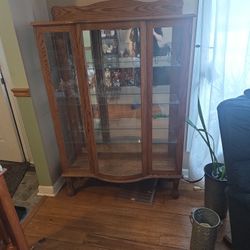Solid Oak Bowed Glass Door China Cabinet 