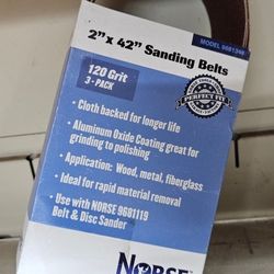 2" x 42" Norse sanding belt, 120 grit, 3-pack for wood, metal, and fiberglass.