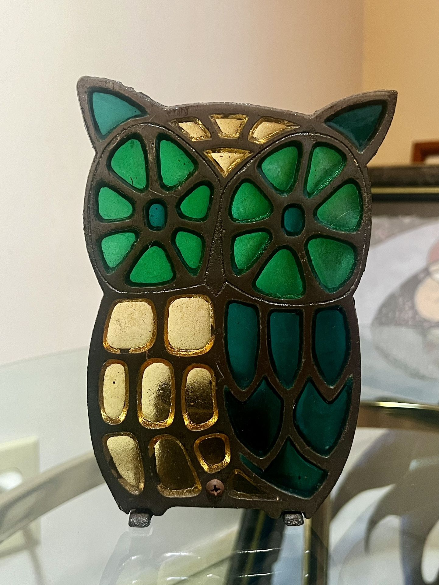 Vintage cast iron stained glass owl candle holder
