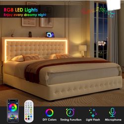 King Size LED Bed Frame with 4 Drawers, Velvet Platform Bed with Built-in USB Ports, Beige, New in Box 