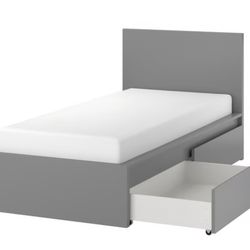 IKEA MALM twin bed frame/ 2 Storage Boxes, Grey (mattress included)
