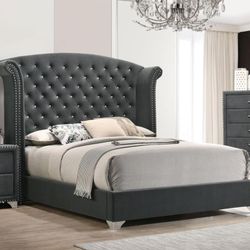 QUEEN BED Upholstered  Wingback Bed Pacific Blue Or gray Option Velvet