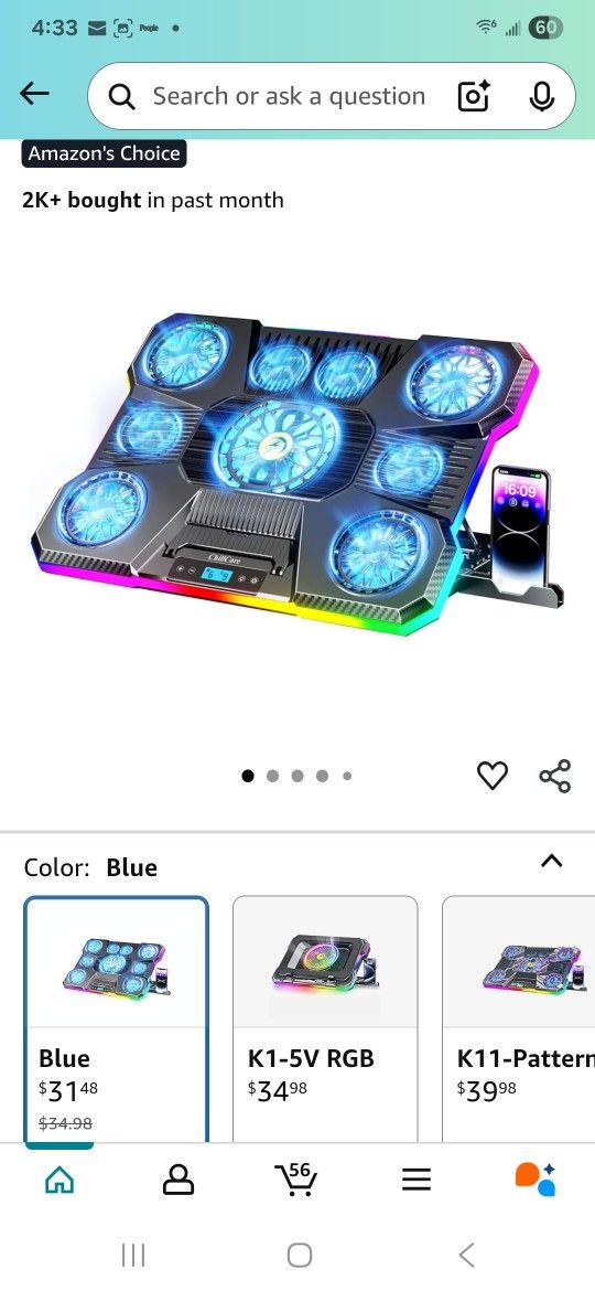 ARROW CHILL Laptop Cooling Pad, RGB Lights Laptop Cooler 11 Fans for 15.6-19.3 Inch Laptops, 8 Height Stands, 10 Modes Light, 2 USB Ports - Blue