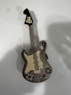 Vintage Style Guitar Belt Buckle Silver Tone Rock N Roll Floral Enamel 5.5"x2.5"