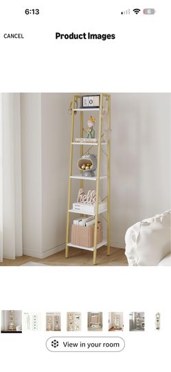 Hzuaneri Ladder Shelf, Bookshelf Bookcase, Freestanding Corner Storage Shelve with 2 Hooks for Home Office, Living Room, Kitchen, Bedroom, Industrial,