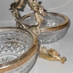 Vintage RARE Baccarat Crystal Serving Tray Gold Gilt Dual Bowl Dragons & Koi