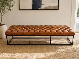 Eichholtz Tufted Bench – Cognac Brown & Black Steel Frame – Luxury Designer