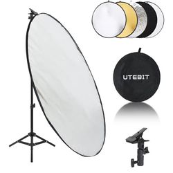UTEBIT 31 Inch (80cm) Light Reflector Stand Kit Diffuser 5 in 1 Collapsible Multi Disc with Bag, 48 Inch Light Stand, Photography Reflector Holder-Tra