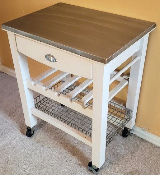 Stainless Steel, White Wood, Rolling Kitchen Island