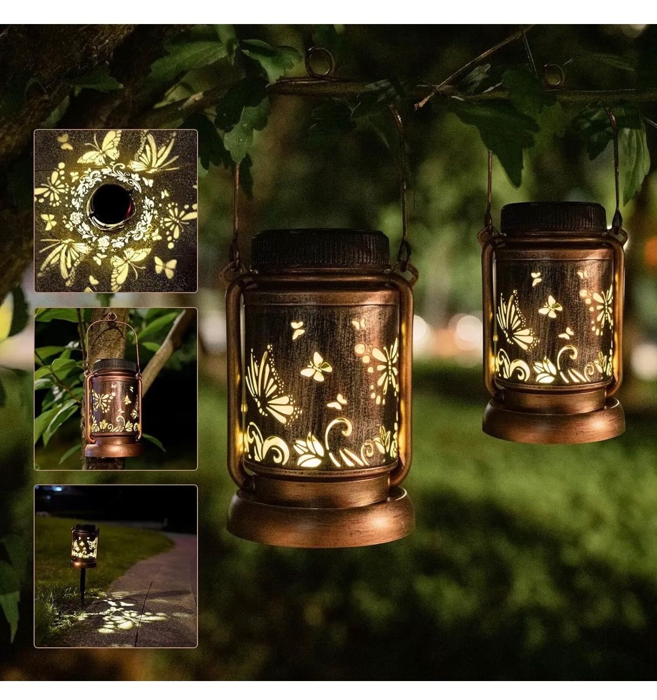 BRAND NEW IN BOX Solar Lanterns Lights Hanging Outdoor, 2 Pack Metal Waterproof Butterfly LED Brand new in box, they normally sell for over $40.
