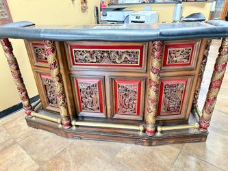 Vintage Antique Hand Carved Dragon Asian Rosewood Home Dry Bar Counter Dreamstone Serpentine Marble