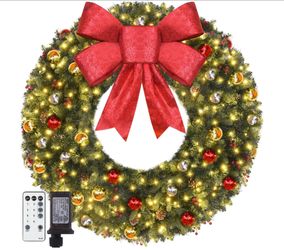 XL 48" inch Pre-Lit Christmas Wreath with Red Bow and Ornaments