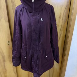 Ralph Lauren burgandy women’s rain Jacket or parka with a hood and drawstring waist  Large on tag  In very good condition