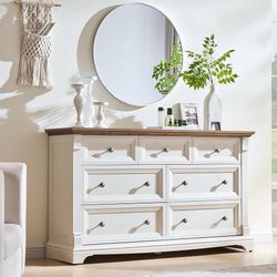 Farmhouse 7 Drawers Dresser for Bedroom, 54" Wide Wood Rustic Chest of Drawers w/Roman Column, Wooden Storage Dressers Organizer for Bedroom, Living R