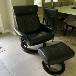 Black Leather and Brown Bentwood Chair And Ottoman