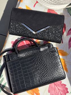 Two Black Handbags Clutch and Satchel