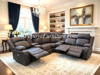 NEW POWER Reclining Sectional Storage Console Couch Set Cup holder  Curved Recliner Sofa Ashley Style Glam Charcoal Black BIG SALE Wireless Charging