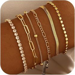 DEARMAY Waterproof Gold Bracelets Set for Women Trendy, Dainty 14K Real Gold Plated Jewelry Fashion Stackable Tennis Beaded Figaro Herringbone Papercl