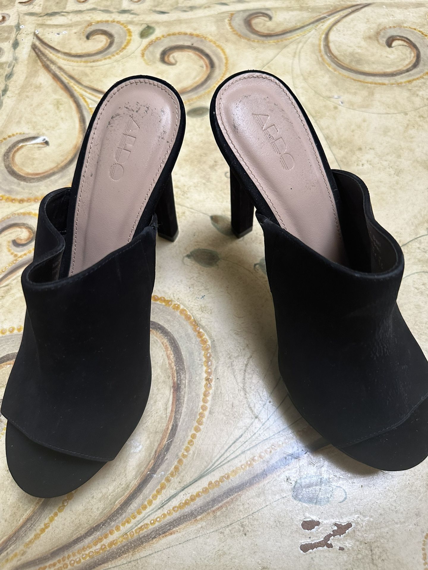 Aldo Black Suede Peep-Toe Mule Heels – Size 8, 5” Heel