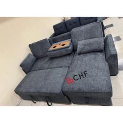 Chenille Fabric Reversible Sleeper Sectional with Storage Chaise, Drop-Down Table, Cup Holders and Charging Ports