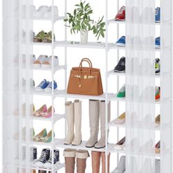 Buzowruil 9 Tiers Large Shoe Rack Shoe Storage Shoe Organizer 50-55 Pairs Shoe Tower Metal with Curtain for Entryway,White