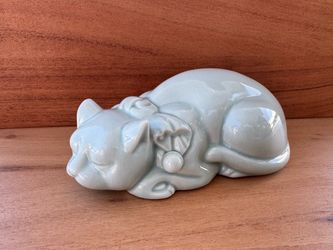 Vintage Mid-Century Blue Porcelain Sleeping Cat Figurine Japan