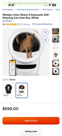 Whisker Litter-Robot 4 Automatic Self-Cleaning Cat Litter Box, White
