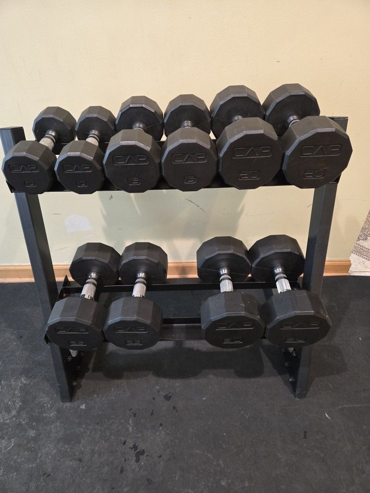CAP 10lb Thru 30lb Rubber Hex Dumbbell Set With Rack 
