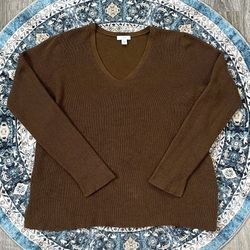 J. Jill Small Oversized Camel Brown Ribbed Knit V-neck Cotton Blend Sweater