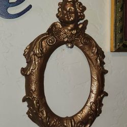VINTAGE ORNATE 3D GOLD BRONZE ANTIQUED CHERUB ANGEL PICTURE MIRROR FRAME