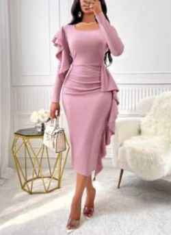 Classy square neck ruffle trim ruched bodycon maxi dress
