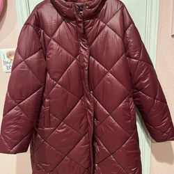 Light Weight Long Burgundy Thick Coat w/Hood