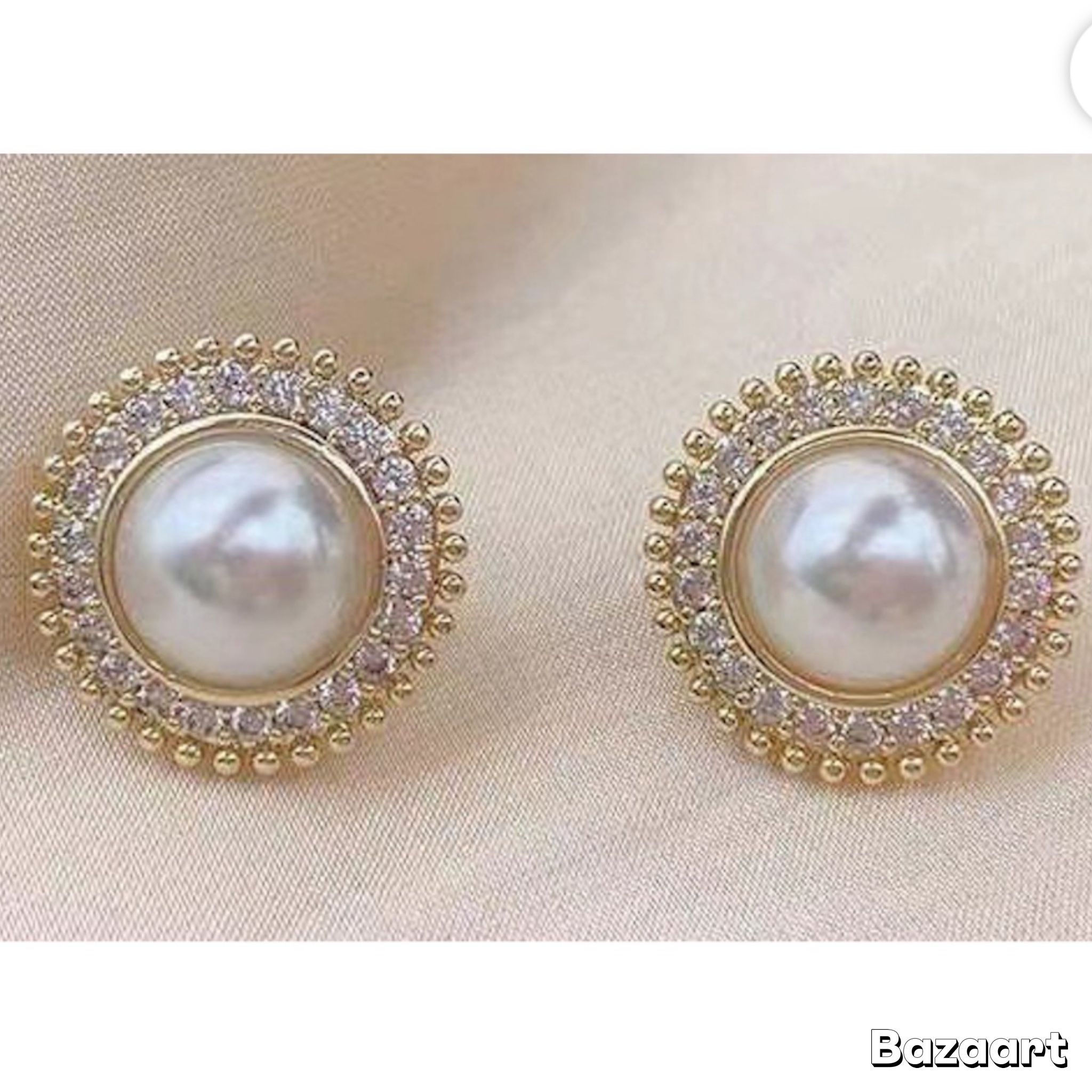 Elegant Gold Finish Simulated Pearl Crystal 925 silver post Stud Earrings
