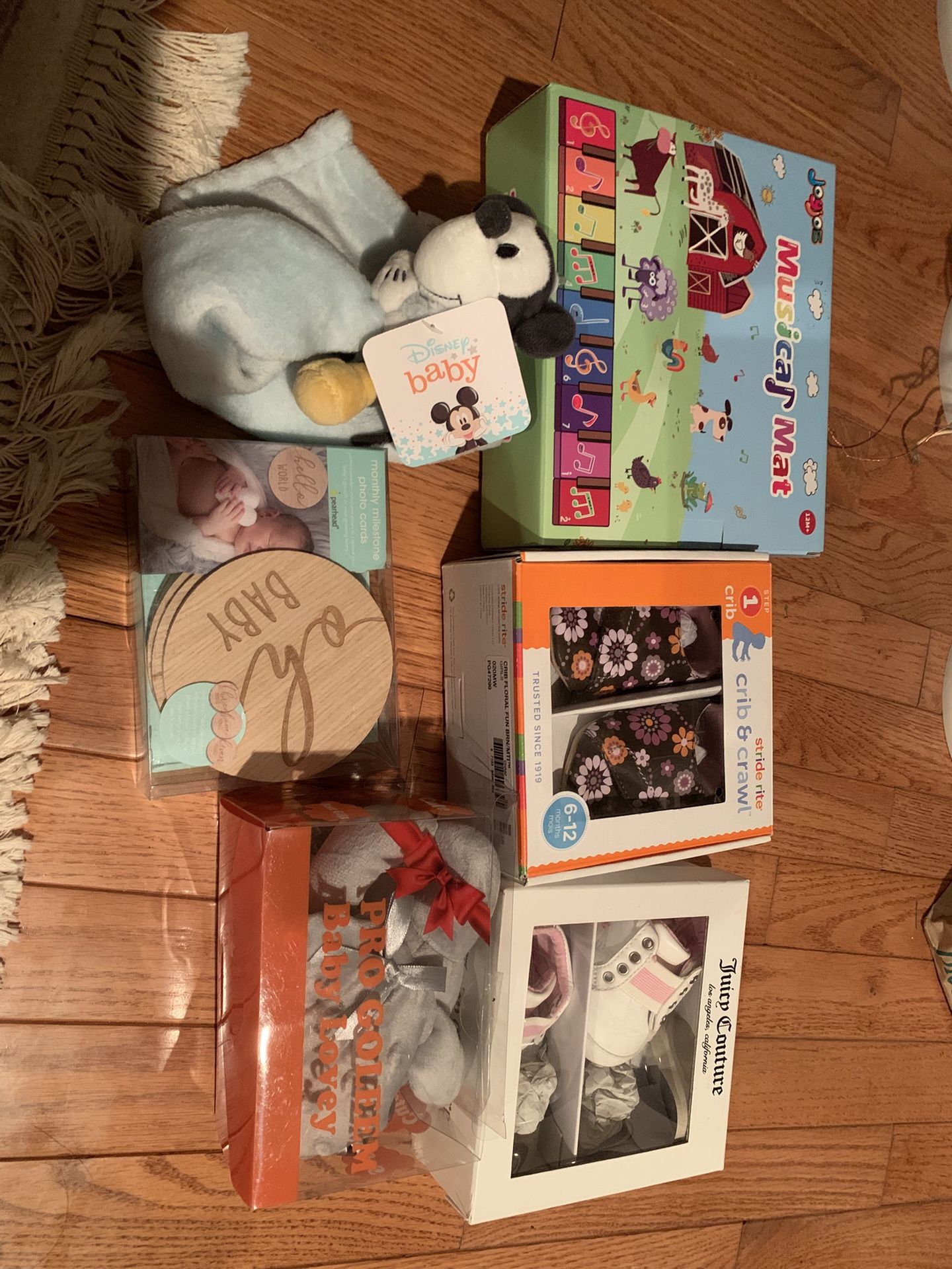 Infant Lot (musical Mat, Crib Shoes, Disney Mickey Mouse Security Blanket, Elephant Security Blanket, And Wooden Monthly Milestone