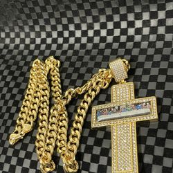 Cuban link GOLD PLATED 8mm Necklace 24inches in length w/Large cz last supper Cross Charm
