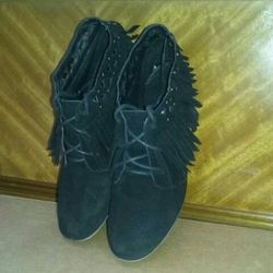 Breckelles Fringe Lace-up Flat Ankle Booties black/sz-8