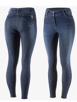 Horze Kaia Womens High Waist Denim  Silicone Full Seat Breeches -Dark Blue -32