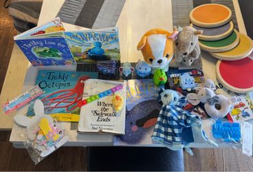 Various kids, toys, books, crafts, and Montessori steppingstones