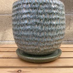 3.5” Round Textured Glazed Ceramic Pot Planter With Saucer