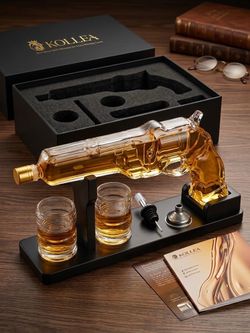 KOLLEA Gun Whiskey Decanter Set - Pistol Decanter, Stand, 2 Glasses, Funnel & Pourer in Box
