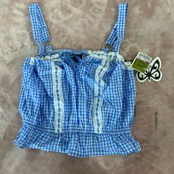Blue Gingham Lace Trim Top With Adjustable Straps