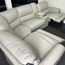 Furniture- 5 Pc Real Leather Sectional With 2 Power Recliners- Danvors 
