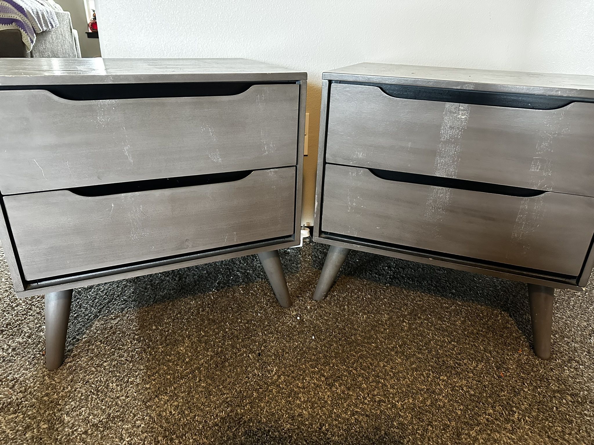 Mid-Century Modern 2-Piece Nightstand Set – Solid Wood, Gray, Tapered Legs