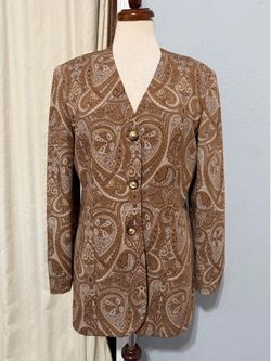 Donna Toran Suits Vintage Paisley Blazer Brown Tan V-Neck Button Front Size 10