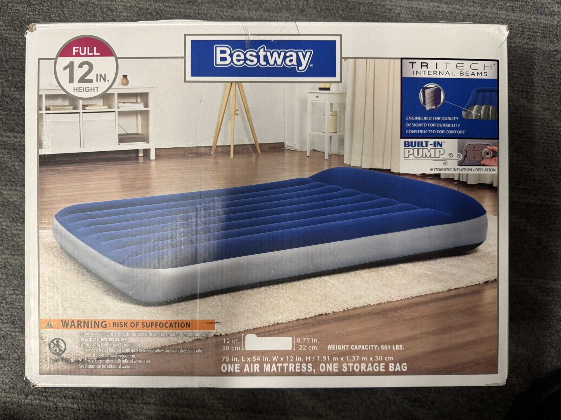 LIKE NEW! BESTWAY 12 INCH AIR MATTRESS W/ BUILT IN PUMP, FULL