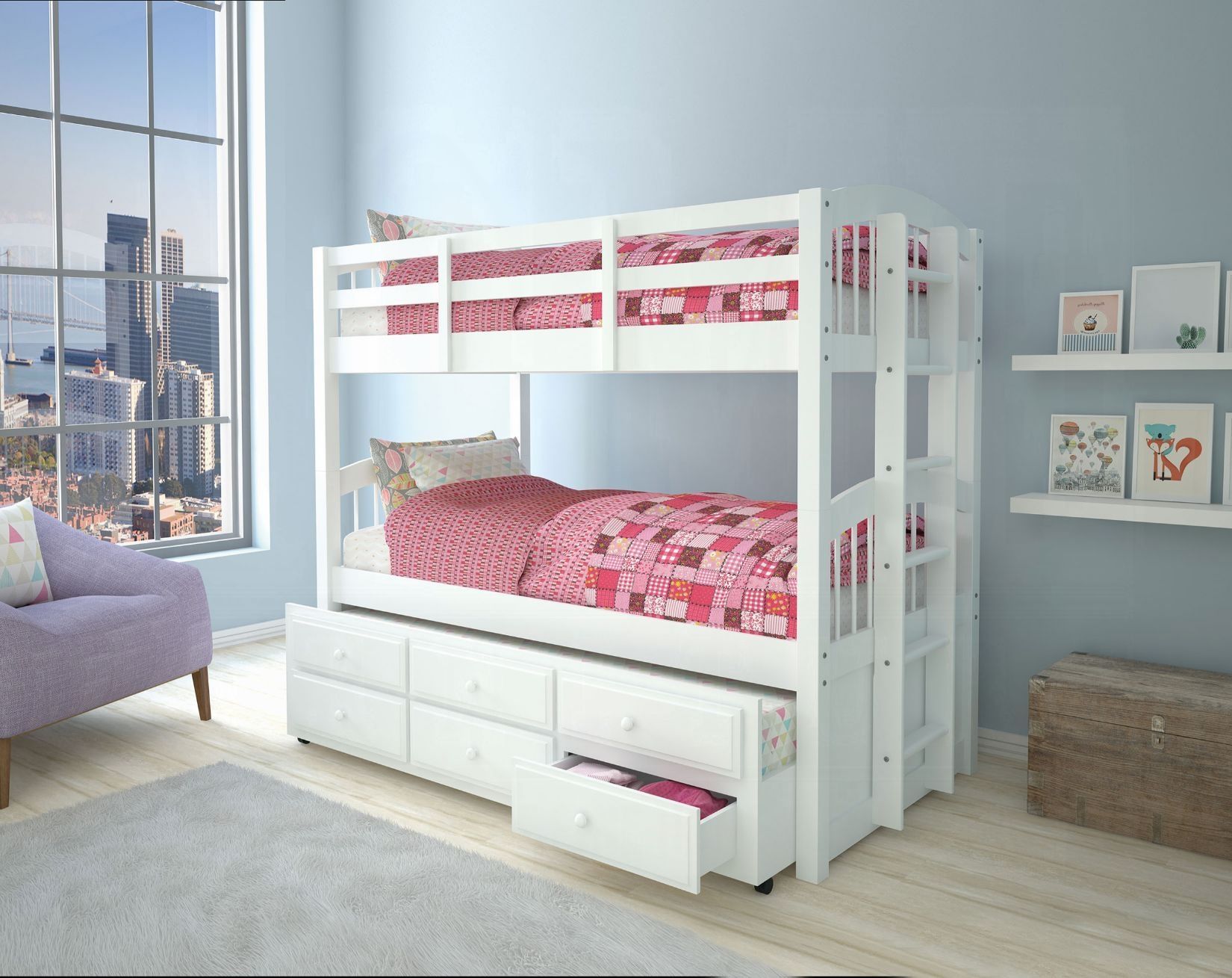 💥New Kids Wood Twin over Twin w/ Trundle & Storage Bedroom Bunk Bed 2 Colors $10 DOWN