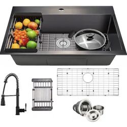 AKDY KS0520-KF12 33x22 Matte Black Drop-In Kitchen Sink w/Faucet