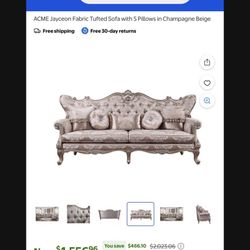 ACME Jayceon Fabric Tufted Sofa with 5 Pillows in Champagne Beige