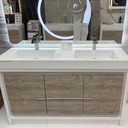 60" Double Sink Free Standing Rustic Gray and Glossy White Color Bathroom Vanity  